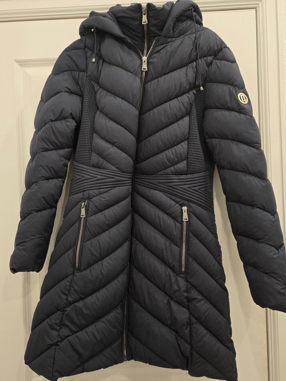 Bernardo Quilted Womens Hooded Puffer Coat - Navy Size M
